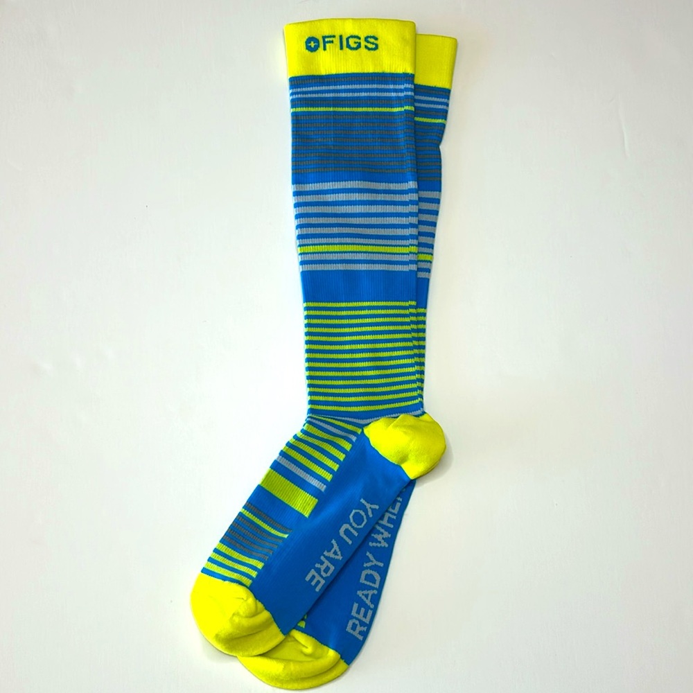FIGS New Striped Compression Socks Small READY WHEN YOU ARE Blue Bright Yellow